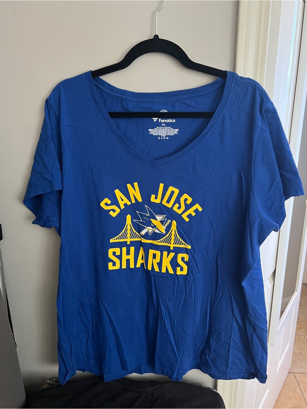Fanatics San Jose Sharks with Warriors colors women’s Royal Blue Graphic Tee